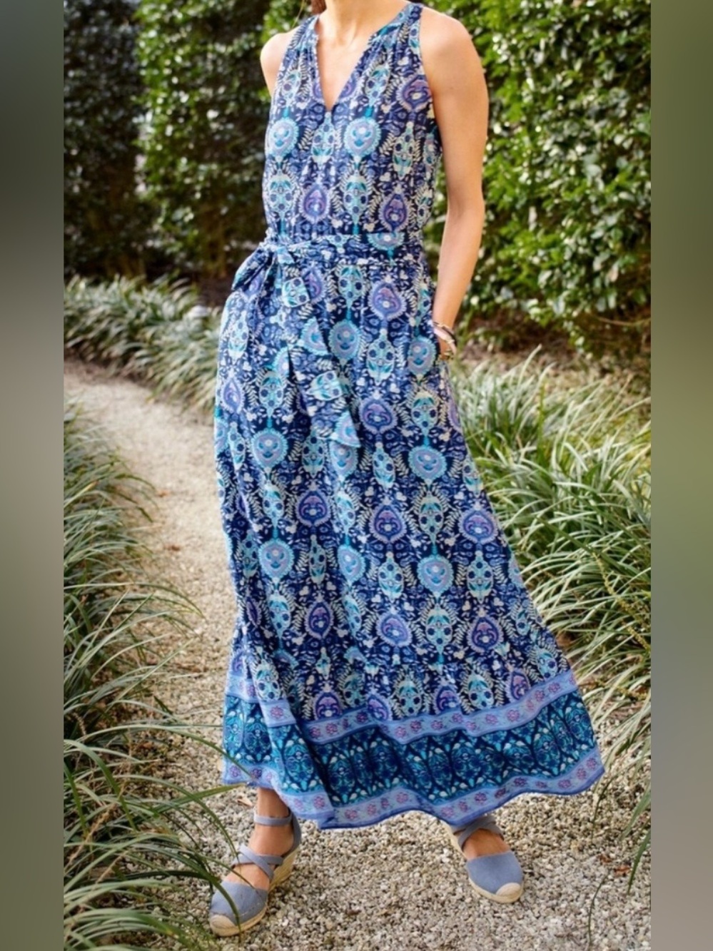Talbots blue floret medallion tie-waist a tiered cotton maxi dress size 20W